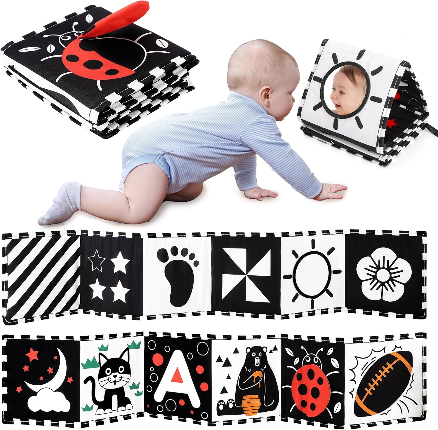 urmywo-black-white-high-contrast-baby-book-with-mirror-infant-visual-stimulation-toy-01 A black and white high contrast baby soft book with a mirror, featuring various patterns like stars and floral designs.