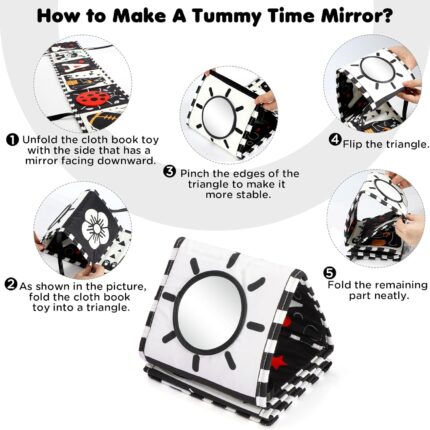A black and white high contrast baby soft book with a mirror, featuring various patterns like stars and floral designs.