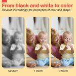 A black and white high contrast baby soft book with a mirror, featuring various patterns like stars and floral designs.