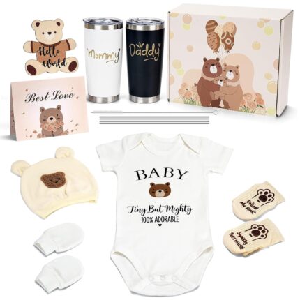 A WITOROR 13-piece baby shower gift set for new parents, featuring bear-themed baby clothes and parent cups.