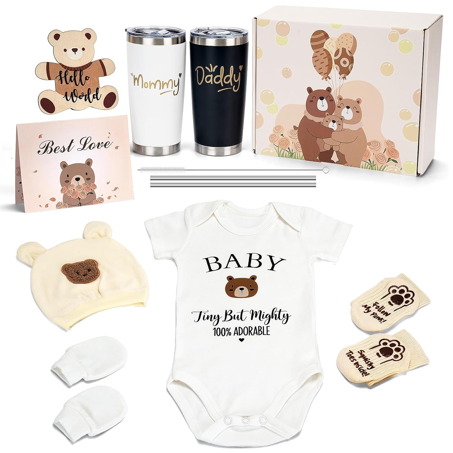 witoror-13-piece-baby-shower-gift-set-for-new-parents-gender-reveal-01 A WITOROR 13-piece baby shower gift set for new parents, featuring bear-themed baby clothes and parent cups.