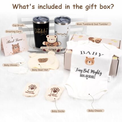 A WITOROR 13-piece baby shower gift set for new parents, featuring bear-themed baby clothes and parent cups.